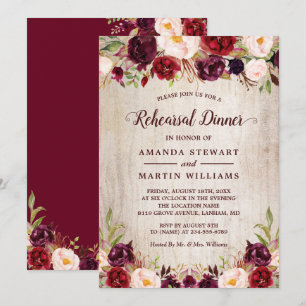 Burgundy Blush Floral Rustic Wood Rehearsal Dinner Invitation