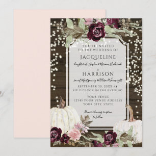 Burgundy Blush Floral RusticTwinkle Lights Wedding Invitation