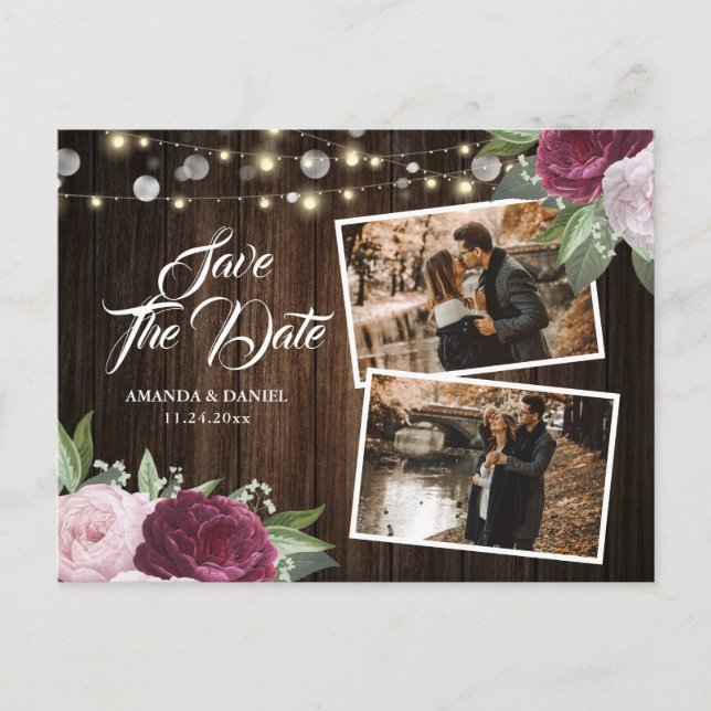 Burgundy Blush Floral Save The Date Photo Postcard (Front)