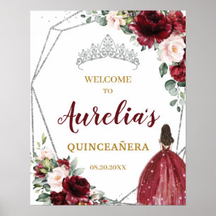 Burgundy Blush Floral Silver Quinceañera Welcome Poster