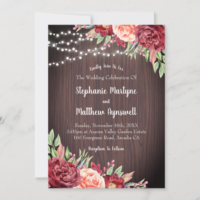 Burgundy Blush Floral String Lights Wedding Invitation (Front)