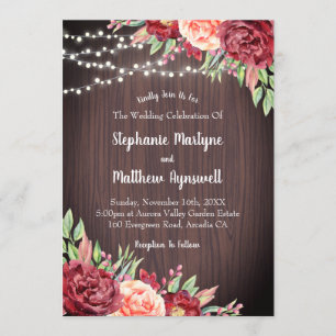 Burgundy Blush Floral String Lights Wedding Invitation
