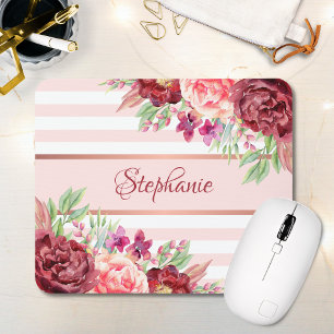 Burgundy Blush Floral Stripes Monogram Name Mouse Mat