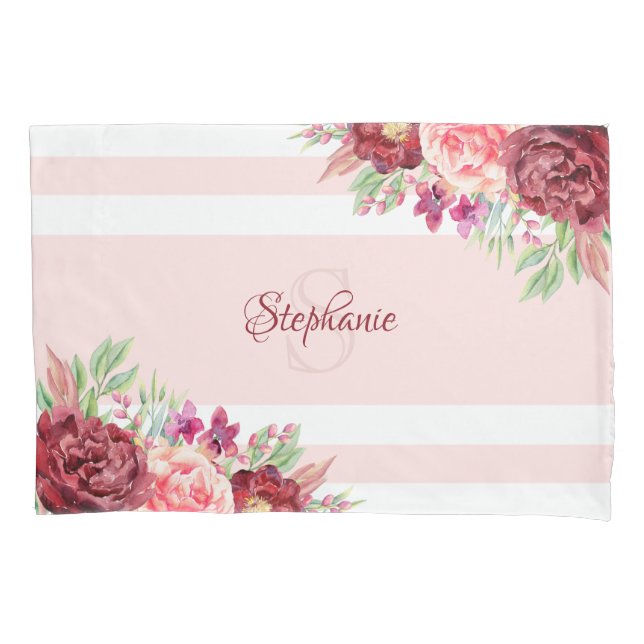 Burgundy Blush Floral Stripes Monogram Name Pillowcase (Front)