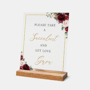 Burgundy Blush Floral Succulent Favour Love Grow Acrylic Sign
