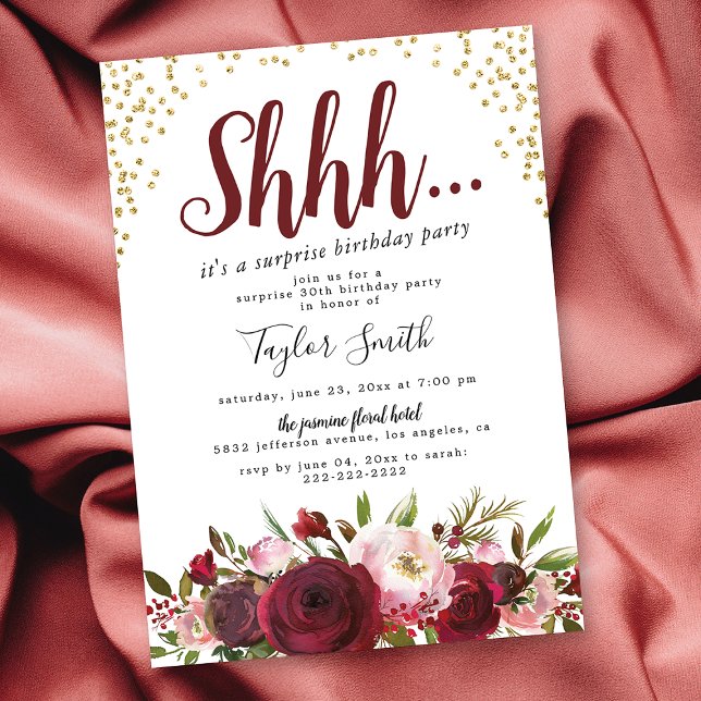 Burgundy Blush Floral Surprise Birthday Party Invitation (Creator Uploaded)