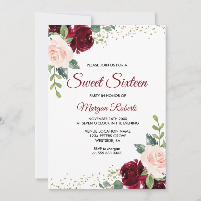 Burgundy Blush Floral Sweet 16 Birthday Invitation (Front)