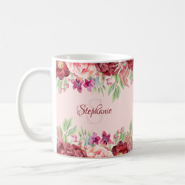 Burgundy Blush Floral Watercolor Monogram Name Coffee Mug (Left)