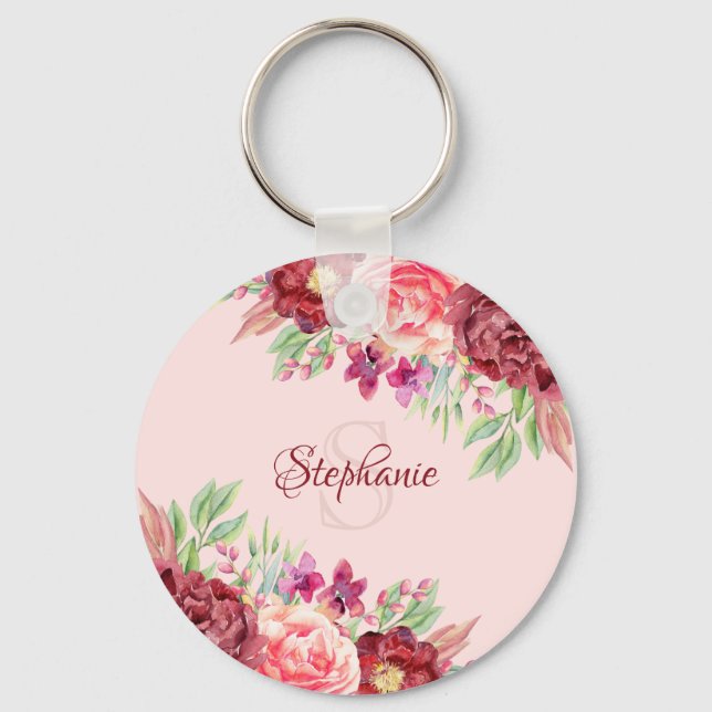 Burgundy Blush Floral Watercolor Monogram Name Key Ring (Front)