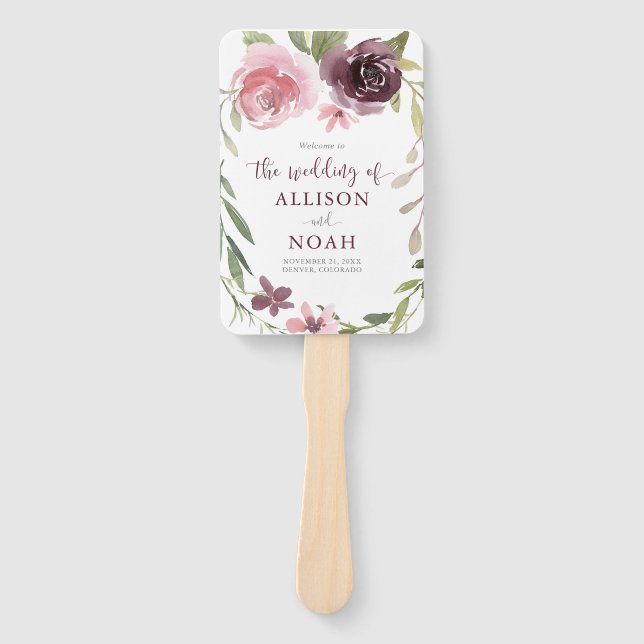 Burgundy blush floral watercolor wedding programs hand fan (Front)