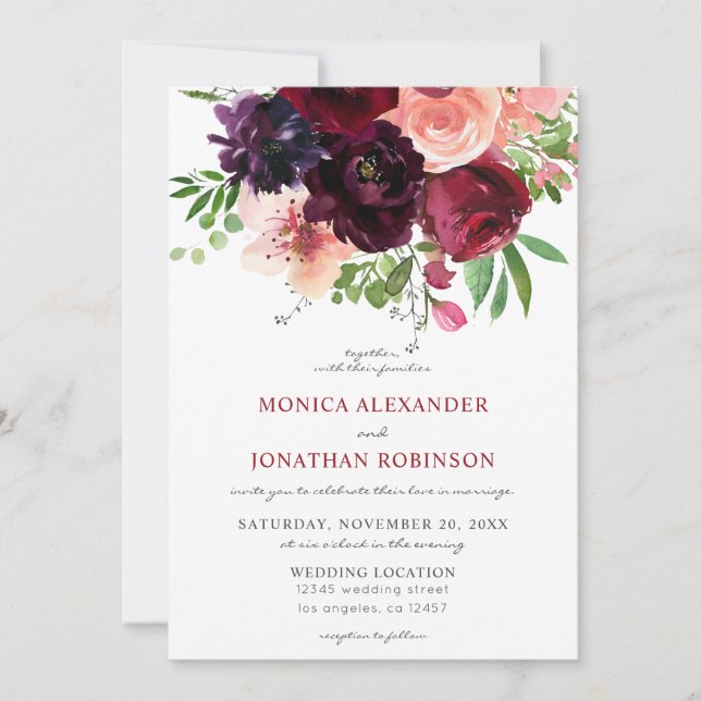 Burgundy & Blush Floral Wedding 2 V2 Invitation (Front)