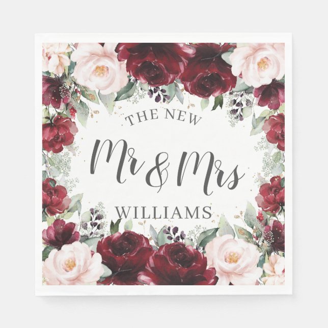 Burgundy Blush Floral Wedding Bridal Baby Shower  Napkin (Front)