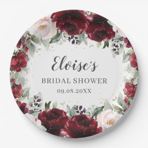 Burgundy Blush Floral Wedding Bridal Baby Shower Paper Plate