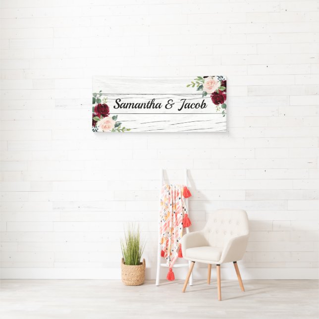 Burgundy Blush Floral Wedding Bridal Shower Name Banner (Insitu)