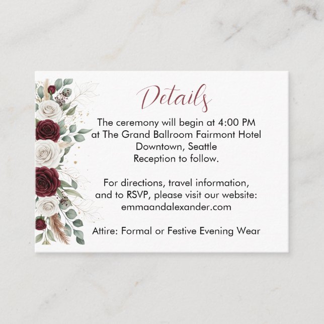 Burgundy Blush Floral Wedding Details Card (Front)