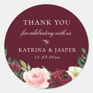 Burgundy Blush Floral Wedding Favour Classic Round Sticker