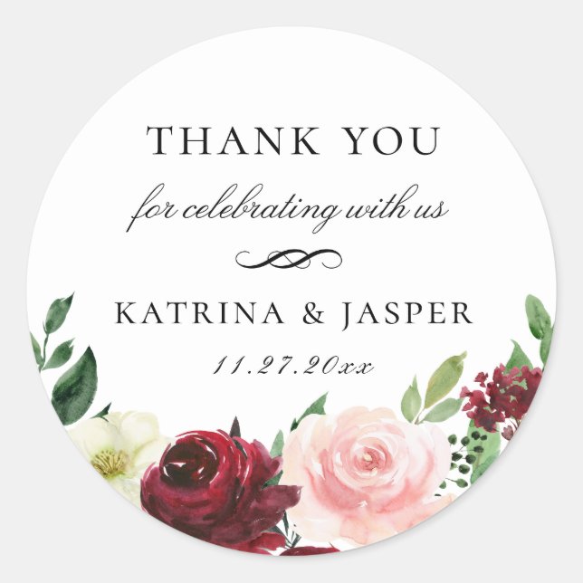 Burgundy Blush Floral Wedding Favour Classic Round Sticker (Front)