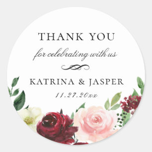 Burgundy Blush Floral Wedding Favour Classic Round Sticker