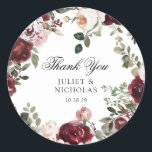 Burgundy & Blush Floral Wedding Favour Classic Round Sticker<br><div class="desc">Elegant burgundy and blush floral wedding thank you favour round stickers.</div>