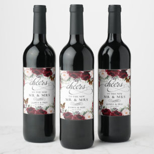 Burgundy Blush Floral Wedding Gold Butterflies  Wine Label