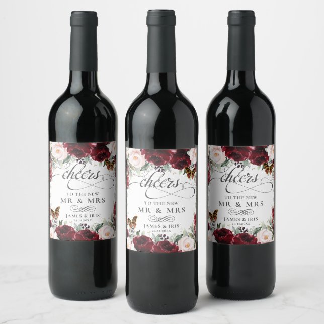 Burgundy Blush Floral Wedding Gold Butterflies  Wine Label (Bottles)