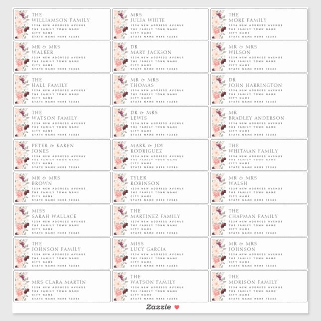 Burgundy Blush Floral Wedding Guest Address Labels (Sheet)