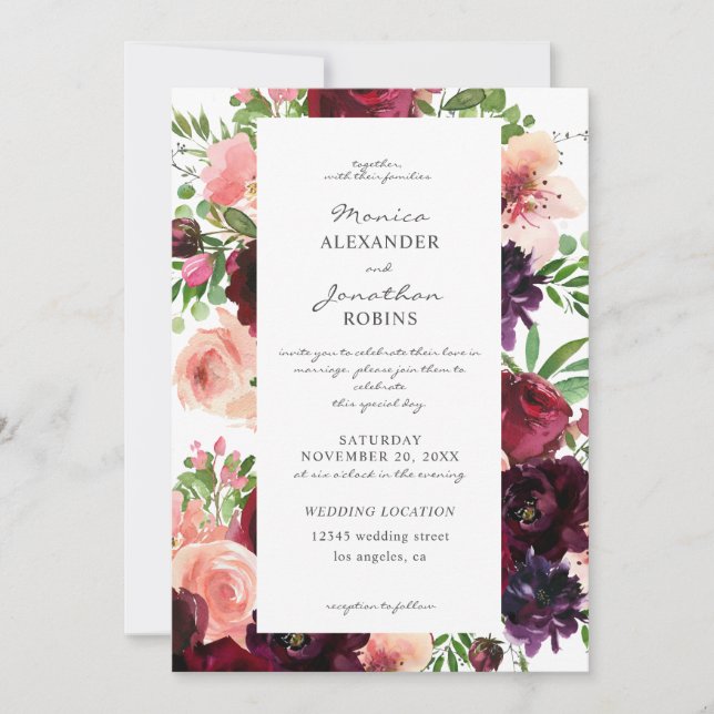 Burgundy & Blush Floral Wedding Invitation (Front)