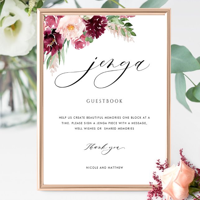 Burgundy Blush Floral Wedding Jenga Guestbook Sign (Creator Uploaded)