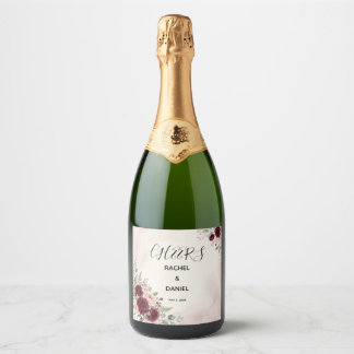 Burgundy Blush Floral Wedding Mini Sparkling Wine Label