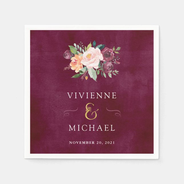 Burgundy Blush | Floral Wedding Napkin (Front)