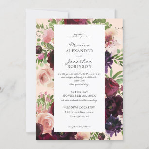 Burgundy & Blush Floral Wedding on Pink V2 Invitation