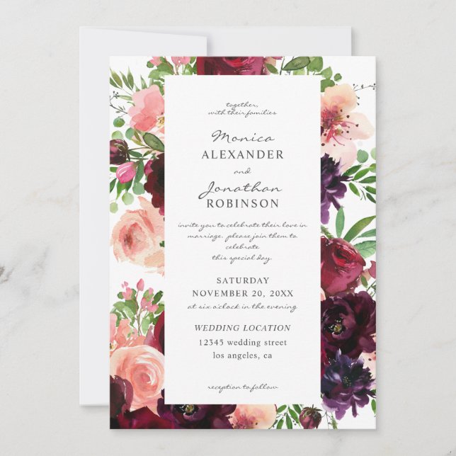 Burgundy & Blush Floral Wedding on White V2 Invitation (Front)