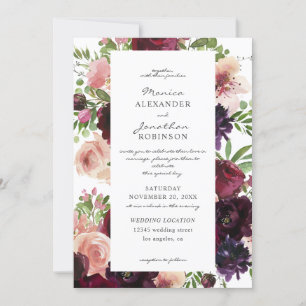 Burgundy & Blush Floral Wedding on White V2 Invitation