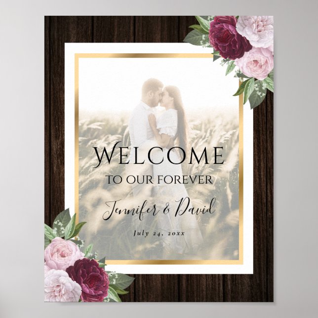 Burgundy Blush Floral Wedding Photo Welcome Sign (Front)