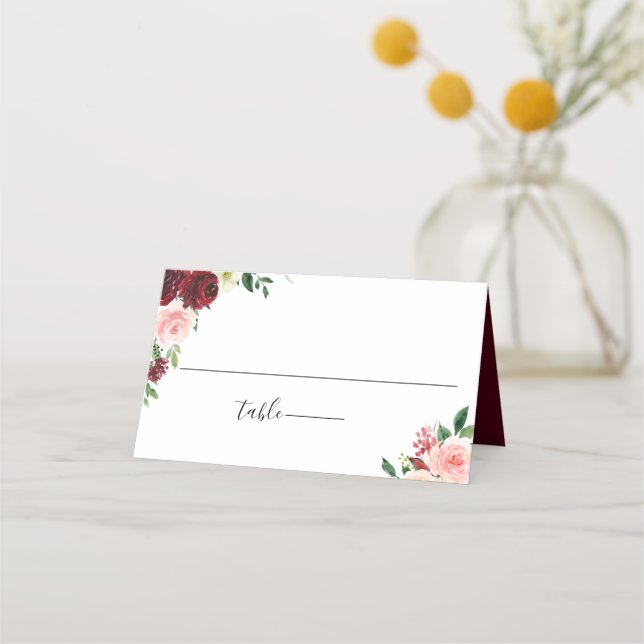 Burgundy Blush Floral Wedding Place Card (Front)