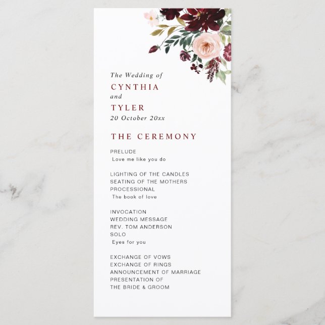 Burgundy & blush floral wedding program programme (Front)