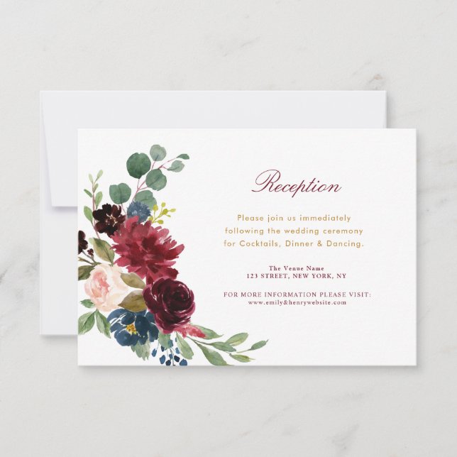 burgundy blush floral wedding reception card (Front)