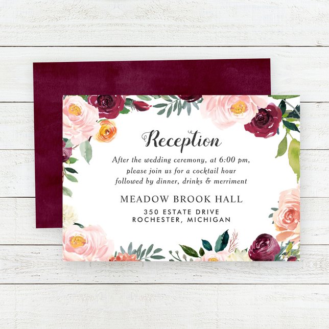 Burgundy Blush Floral Wedding Reception Enclosure Card (Creator Uploaded)