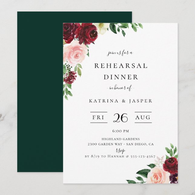 Burgundy Blush Floral Wedding Rehearsal Dinner Invitation (Front/Back)