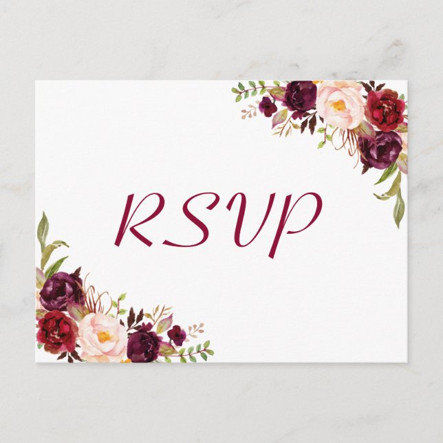Burgundy Blush Floral Wedding RSVP Response Postcard (Front)