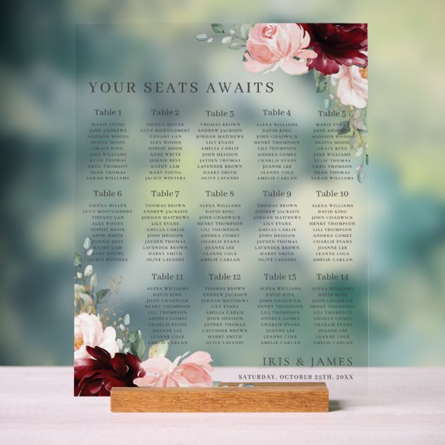 Burgundy Blush Floral Wedding Seating Awaits Acrylic Sign (Neutral)
