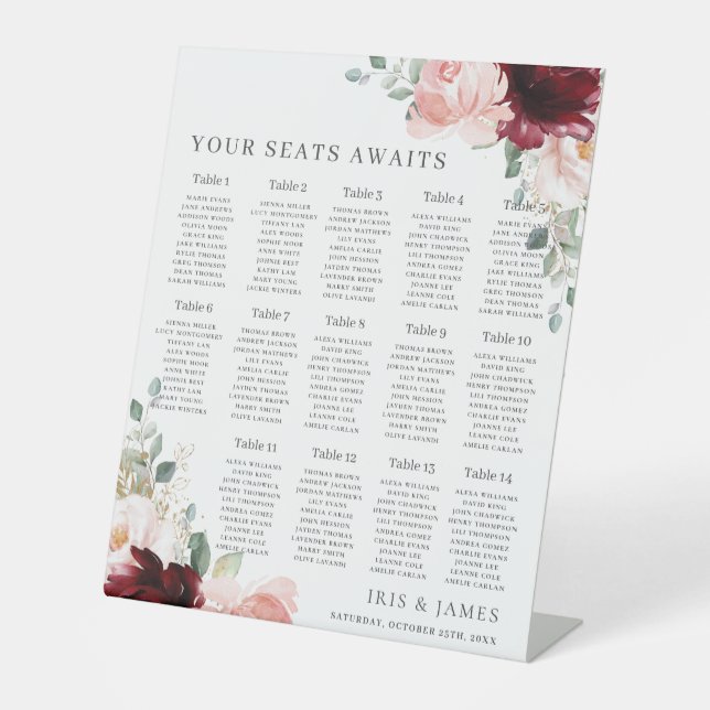 Burgundy Blush Floral Wedding Seating Awaits Pedestal Sign (Front)