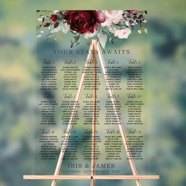 Burgundy Blush Floral Wedding Seating Chart Sign (Neutral)