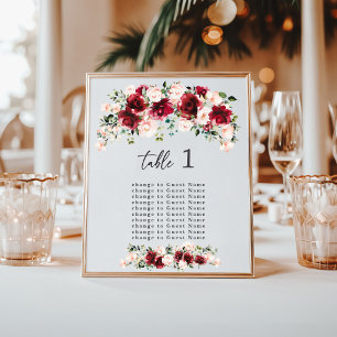 Burgundy Blush Floral Wedding Table Seating Chart