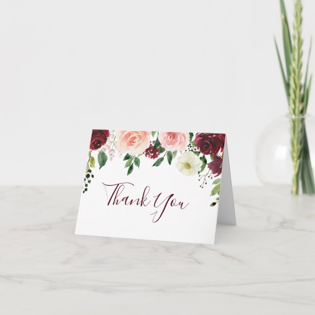 Burgundy Blush Floral Wedding Thank You (Front)