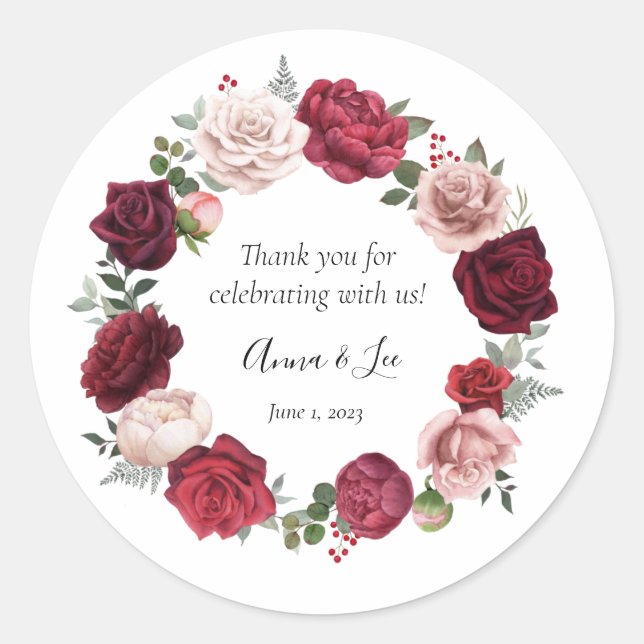 Burgundy Blush Floral Wedding Thank You Stickers  (Front)