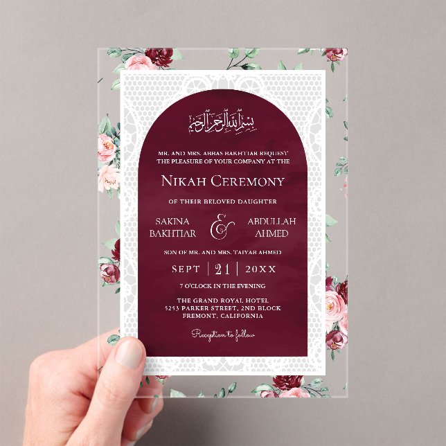 Burgundy Blush Floral White Lace Muslim Wedding Acrylic Invitations (Insitu (Handheld))
