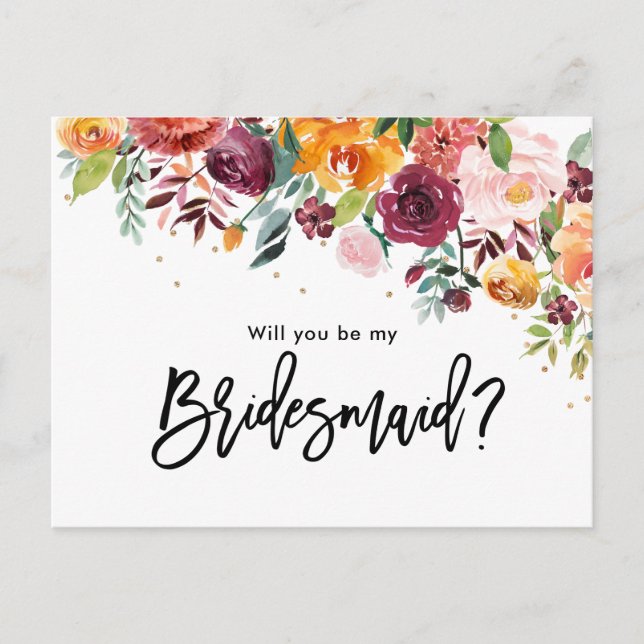 Burgundy Blush Floral Will You Be My Bridesmaid Invitation Postcard (Front)