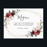 Burgundy Blush Floral Will You Be My Bridesmaid Postcard<br><div class="desc">Beautiful romantic floral boho will you be my bridesmaid Postcard with meal choice features hand-painted watercolor floral graphics / roses in rich tones of Burgundy Marsala and blush pink / peach and charming hand lettering style font with gold glitter geometric frame. Please contact me for any help in customisation or...</div>