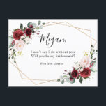 Burgundy Blush Floral Will You Be My Bridesmaid Postcard<br><div class="desc">Beautiful romantic floral boho will you be my bridesmaid Postcard with meal choice features hand-painted watercolor floral graphics / roses in rich tones of Burgundy Marsala and blush pink / peach and charming hand lettering style font with gold glitter geometric frame. Please contact me for any help in customisation or...</div>